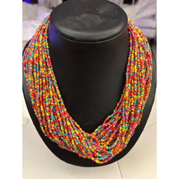 Vintage Rainbow Beaded Torsade Necklace Multi-Strand Statement Y2K - Picture 5 of 8
